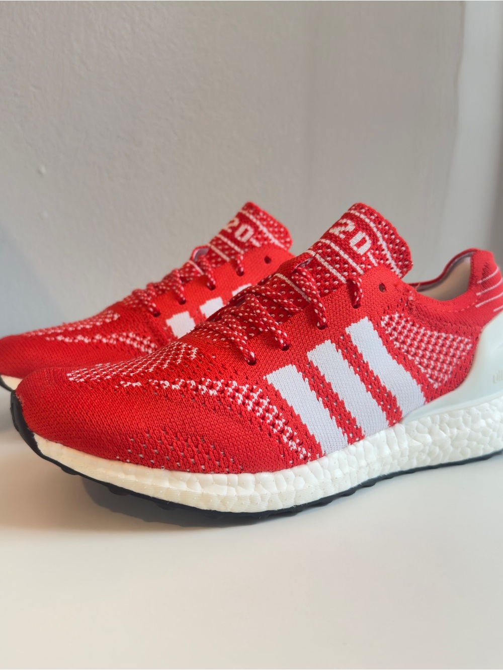adidas Men's Red Knit Running Shoe with White Three Stripes